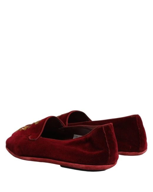 Dolce & Gabbana Red Maroon Velvet Crown Embroidery Loafers Shoes for men