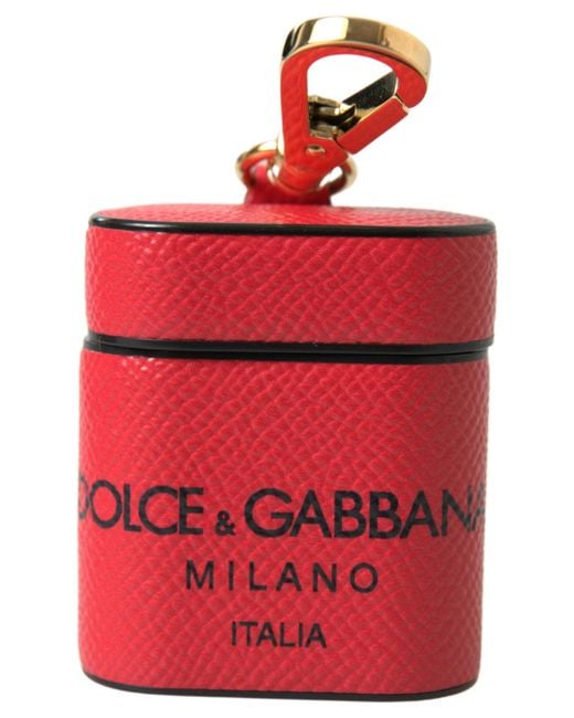 Dolce & Gabbana Red Black Calf Leather Logo Print Strap Airpods Case