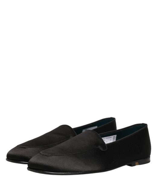 Dolce & Gabbana Black Satin Logo Slip On Flats Loafers Shoes for men