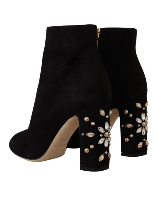 Dolce & Gabbana Black Suede Leather Crystal Heels Boots Shoes