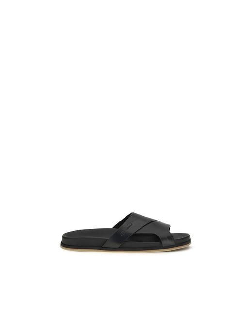 Santoni Black Calf Leather Bos Taurus Flat Sandals for men
