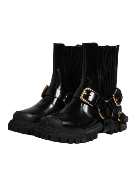 Dolce & Gabbana Black Leather Slip On Stretch Trekking Boots Shoes for men