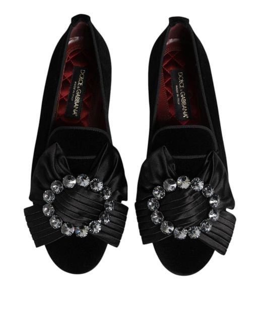 Dolce & Gabbana Black Vaticano Crystal Ribbon Slip On Shoes