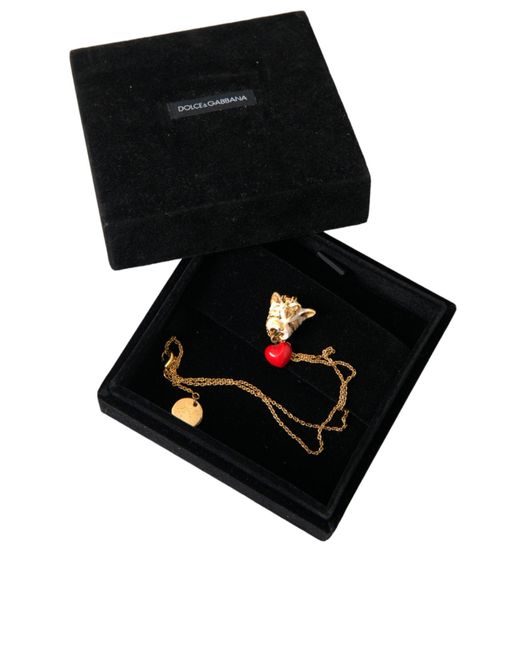 Dolce & Gabbana White Brass Chain Dog Heart Pendant Charm Necklace