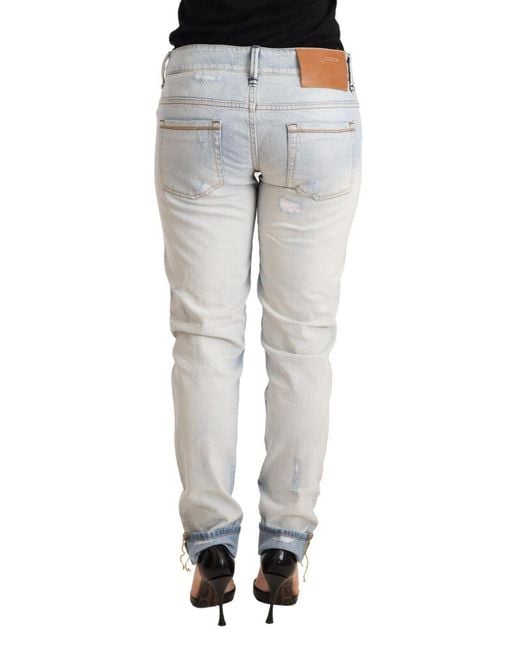 Acht White Light Blue Distressed Cotton Folded Hem Denim Trouser Jeans