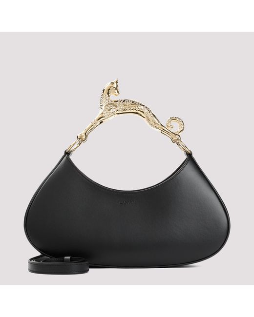 Lanvin Black Calf Leather Large Hobo Bag With Cat Handle