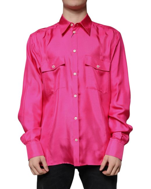 Dolce & Gabbana Pink Silk Collared Button Down Men Shirt for men