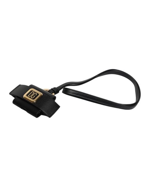 Dolce & Gabbana Black Leather Strap Metal Logo Plaque Airpods Case for men