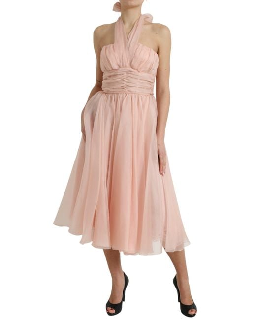 Dolce & Gabbana Pink Silk Chiffon Halter A-Line Pleated Midi Dress