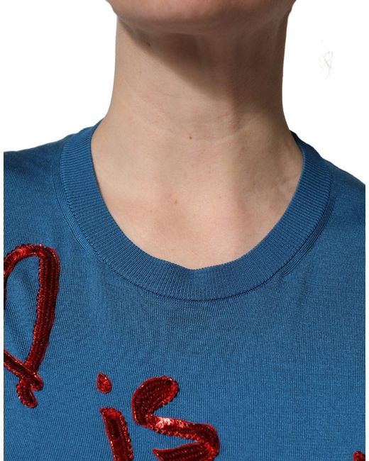 Dolce & Gabbana Blue Silk Sequined Crewneck Pullover Sweater