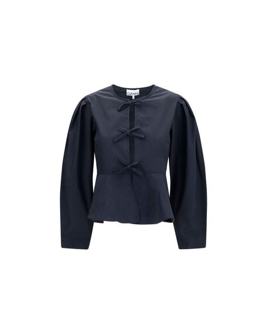 Ganni Blue Black Cotton Blouse
