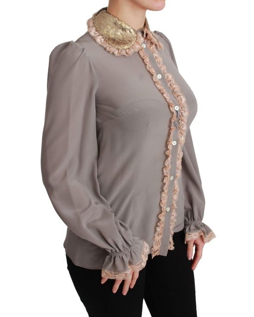 Dolce & Gabbana Brown Silk Gold Sequin Lace Blouse Shirt