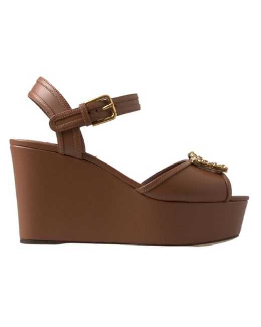 Dolce & Gabbana Brown Leather Amore Wedges Sandals Shoes