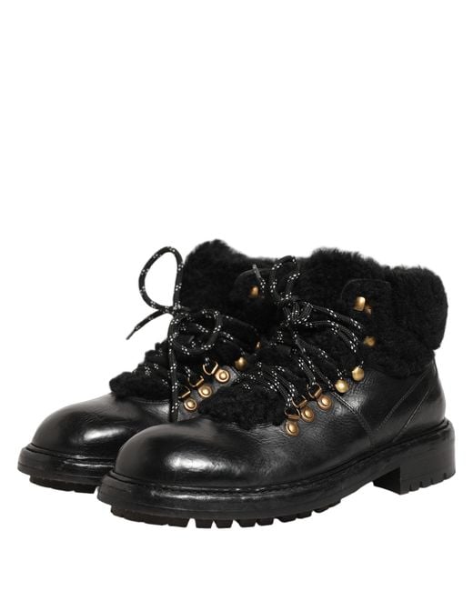 Dolce & Gabbana Black Trekking Fur Lace Leather Boots Shoes for men