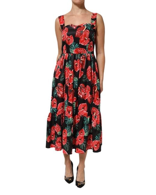 Dolce & Gabbana Red Multicolor Floral Cotton Poplin Midi Dress
