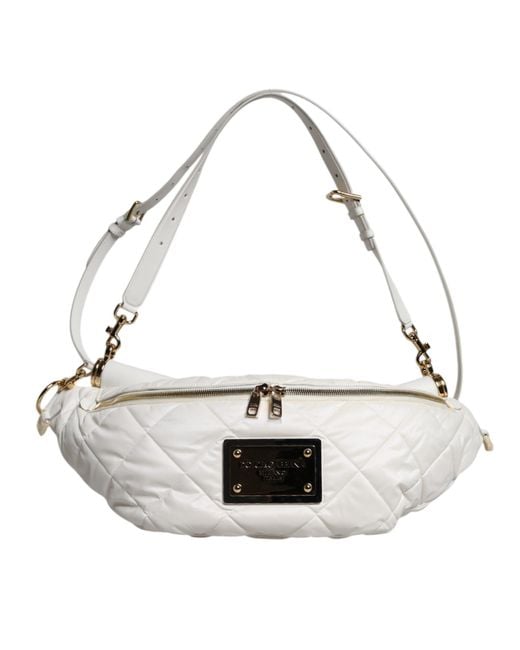 Dolce & Gabbana Metallic White Quilted Logo Plaque Belt Waist Fanny Pack Bag for men