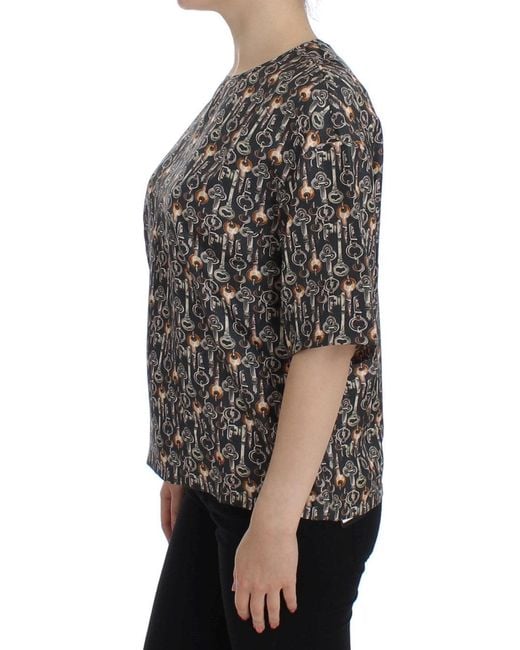 Dolce & Gabbana Gray Key Print Silk Blouse T-Shirt