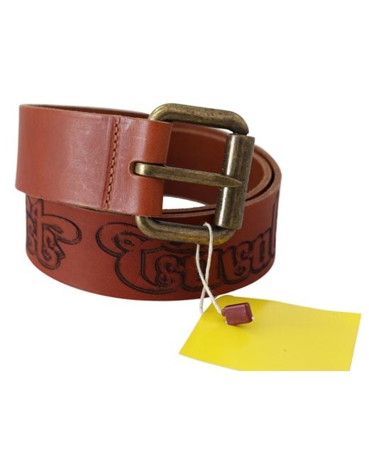 Just Cavalli Brown Leather Logo Bronze Rustic Metal Buckle Belt