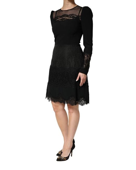 Dolce & Gabbana Black Lace Sheer Panel Midi Long Sleeve Dress | Lyst Dolce & Gabbana Black Lace Sheer Panel Midi Long Sleeve Dress | Lyst