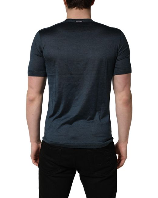 Dolce & Gabbana Black Dark Blue Silk Crew Neck Short Sleeve T for men