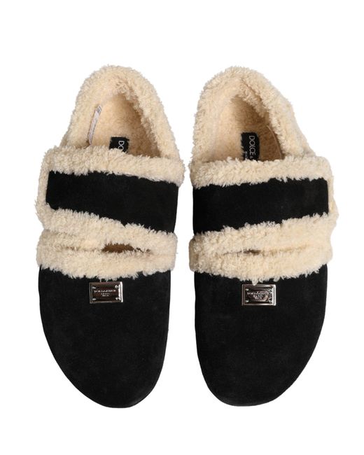 Dolce & Gabbana Beige Black Faux Fur Flats Men Sandals Shoes for men