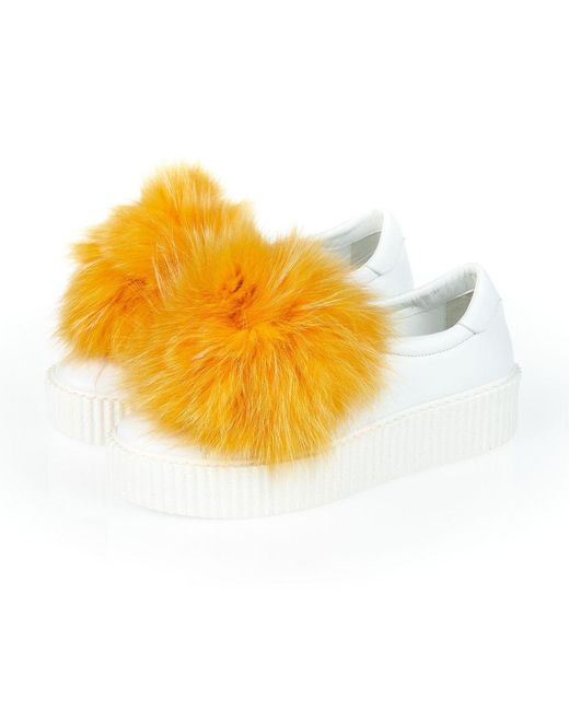 MR & MRS Yellow White Textile Sneaker With Real Fur Pom Poms