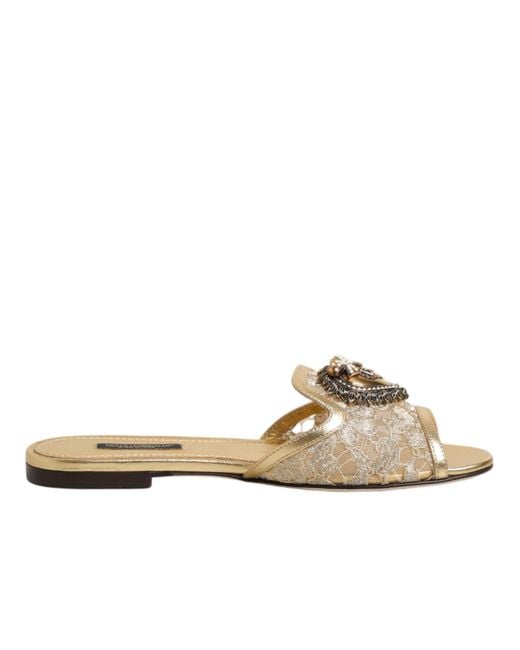 Dolce & Gabbana Metallic Gold Devotion Lace Flats Slip On Sandals Shoes