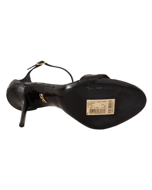 Dolce & Gabbana Black Elegant Ostrich Leather Ankle Strap Heels
