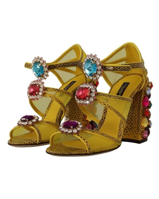 Dolce & Gabbana Green Yellow Leather Crystal Ayers Sandals Shoes