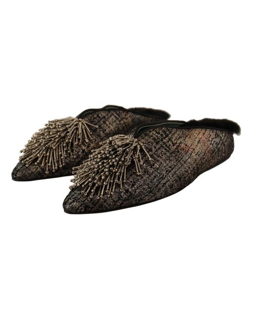 Paola D'arcano Black Gold Jacquard Leather Embellished Slip On Shoes