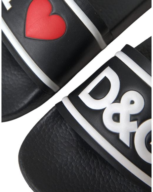 Dolce & Gabbana White Black Leather I Love D&g Sandals Slides Shoes
