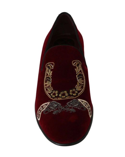 Dolce & Gabbana Red Velvet Loafers Gun Horseshoe Shoes for men