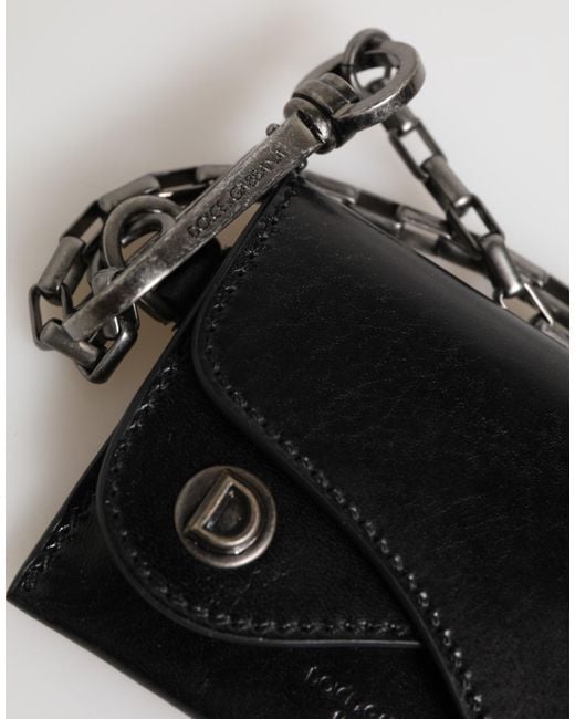 Dolce & Gabbana Black Cavallo Leather Wallet Chain Snap Bifold Card Holder for men
