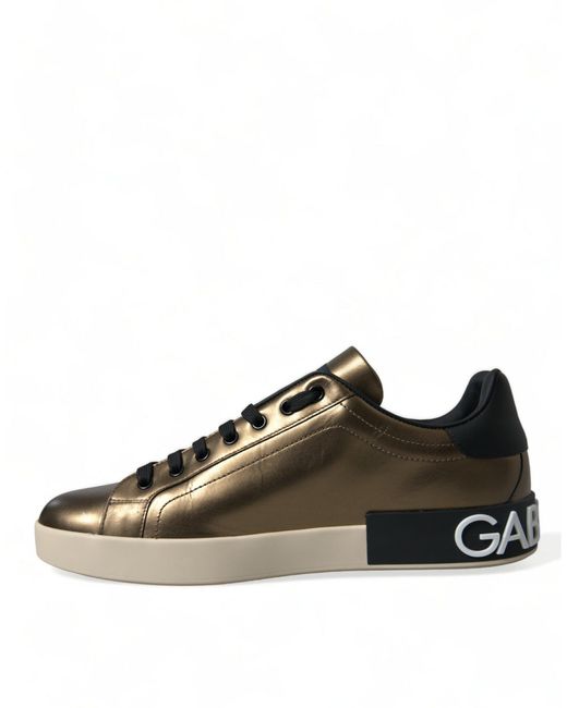 Dolce & Gabbana Brown Bronze Leather Portofino Logo Men Sneakers Shoes for men