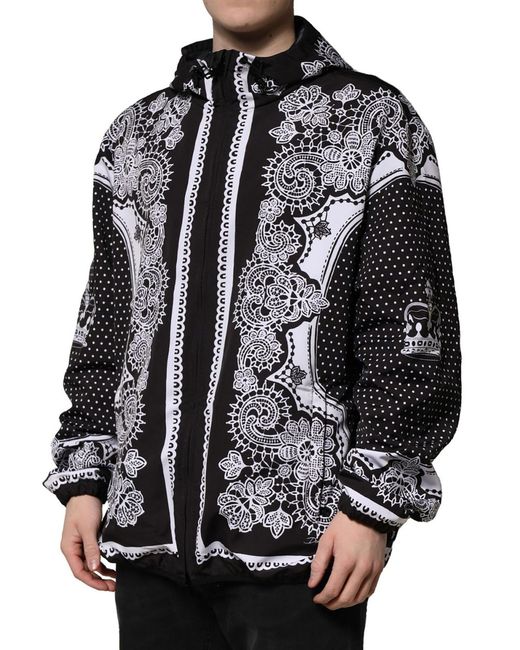Dolce & Gabbana Black Bandana Print Hooded Bomber Jacket for men