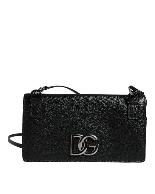 Dolce & Gabbana Black Leather Crystal Shoulder Crossbody Clutch Bag