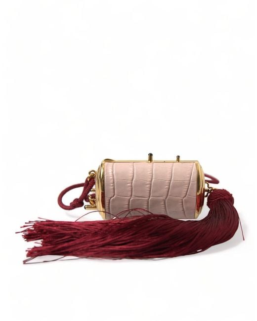 Dolce & Gabbana Red Pink Exotic Leather Mini Mirror Tassel Makeup Bag