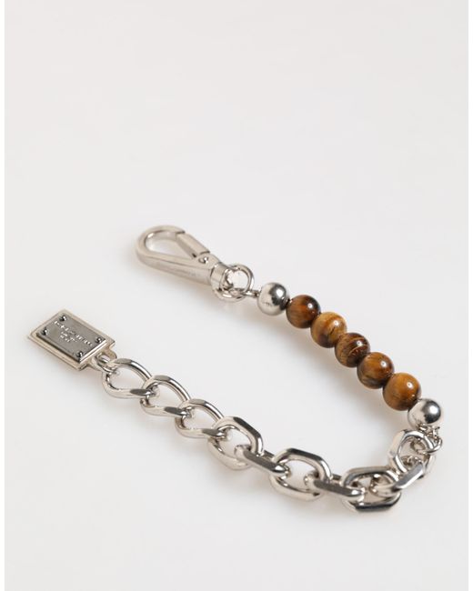 Dolce & Gabbana White Silver Chain Brass Beaded Lobster Clasp Logo Men Bracelet for men