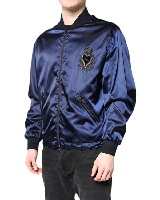 Dolce & Gabbana Blue Satin Jacket Logo Embroidery for men