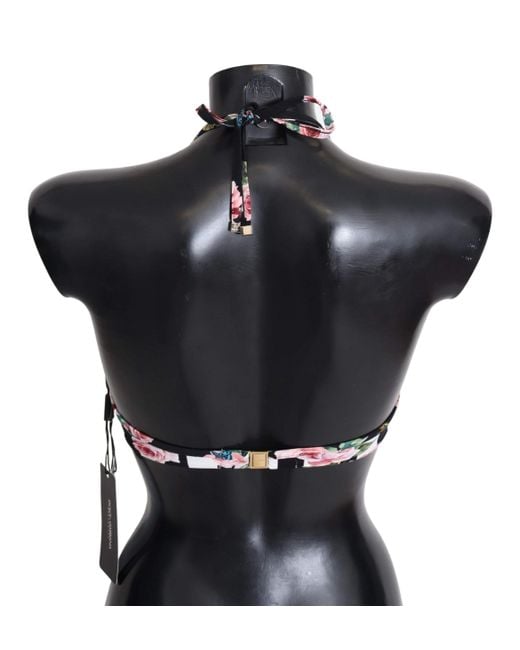 Dolce & Gabbana Black Striped Rose Print Swimwear Bikini Tops