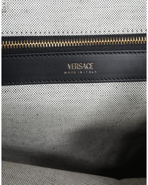 Versace White Top Handle Canvas Leather Logo Crossbody Tote Bag
