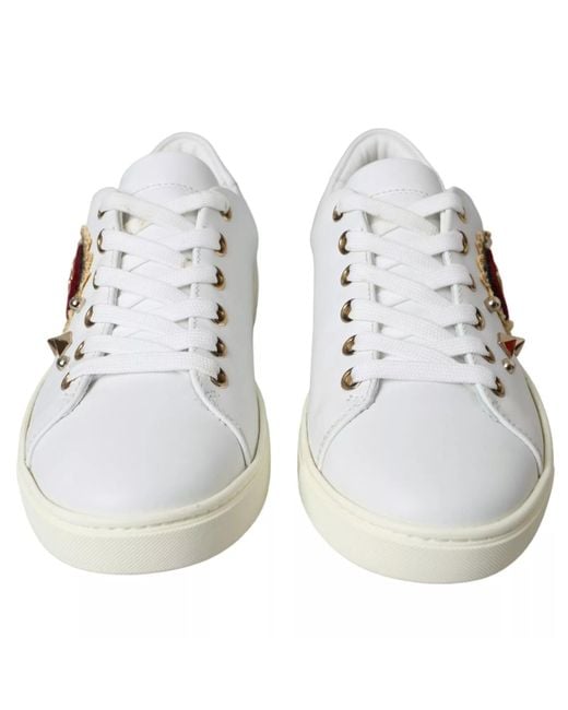 Dolce & Gabbana Multicolor White Leather Gold Red Heart Sneakers Shoes for men