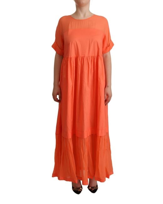 Twinset Orange Coral Cotton Blend Short Sleeves Maxi Shift Dress