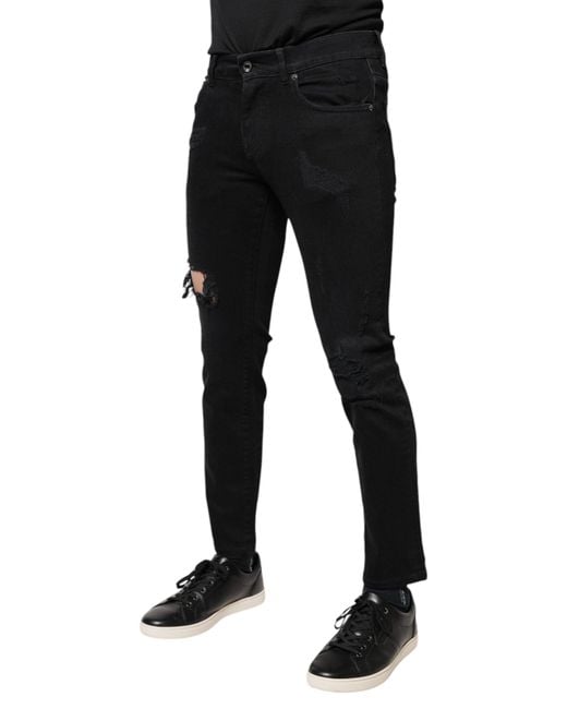 Dolce & Gabbana Black Cotton Tattered Skinny Denim Logo Jeans for men