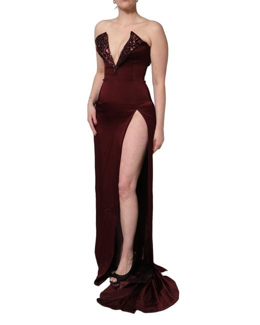 Dolce & Gabbana Red Maroon Embellished Vneck Evening Gown Dress