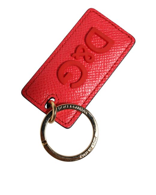 Dolce & Gabbana Red Calf Leather Logo Metal Ring Men Keychain Keyring