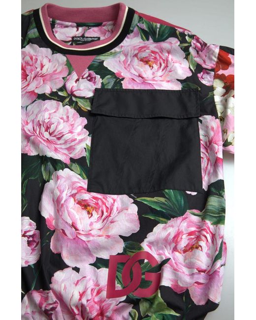 Dolce & Gabbana Gray Pink Floral Roses Crewneck Top Sweater for men