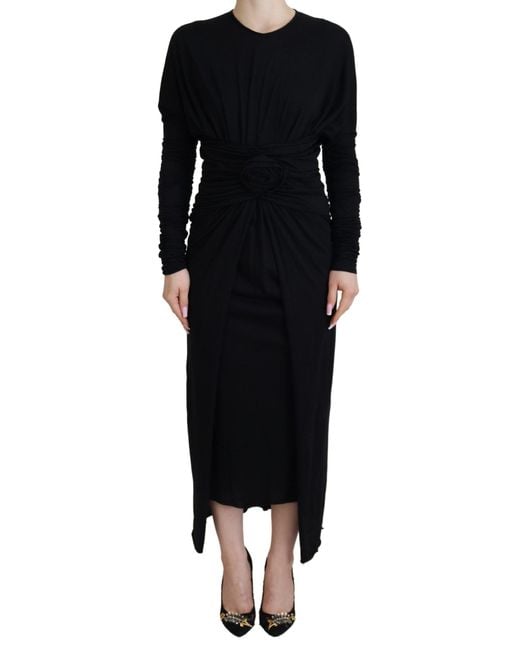 Dolce & Gabbana Women's Black Elegant Sheath Wrap Dress With Long Sleeves