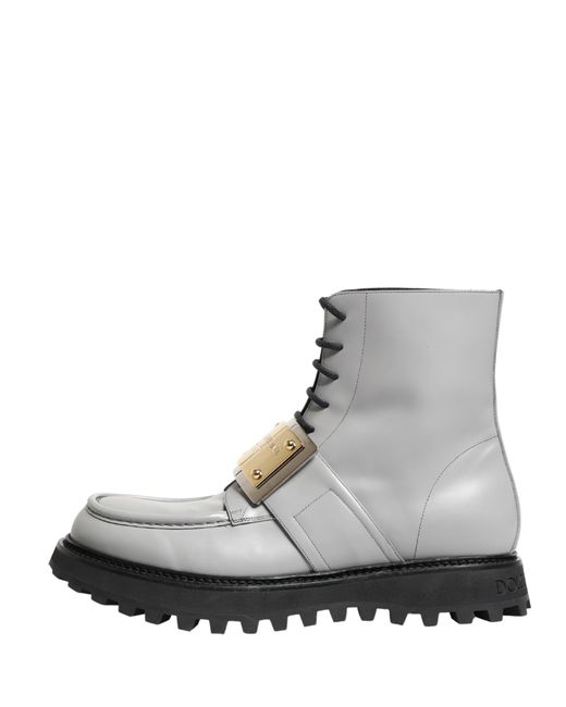 Dolce & Gabbana Gray Leather Logo Plaque Ankle Boots Shoes for men