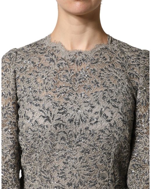 Dolce & Gabbana Gray Lace Long Sleeves Cotton Maxi Dress
